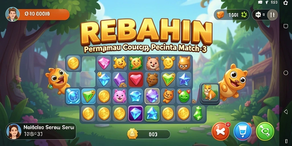 Screenshot permainan REBAHIN yang menunjukkan gameplay seru Match-3.